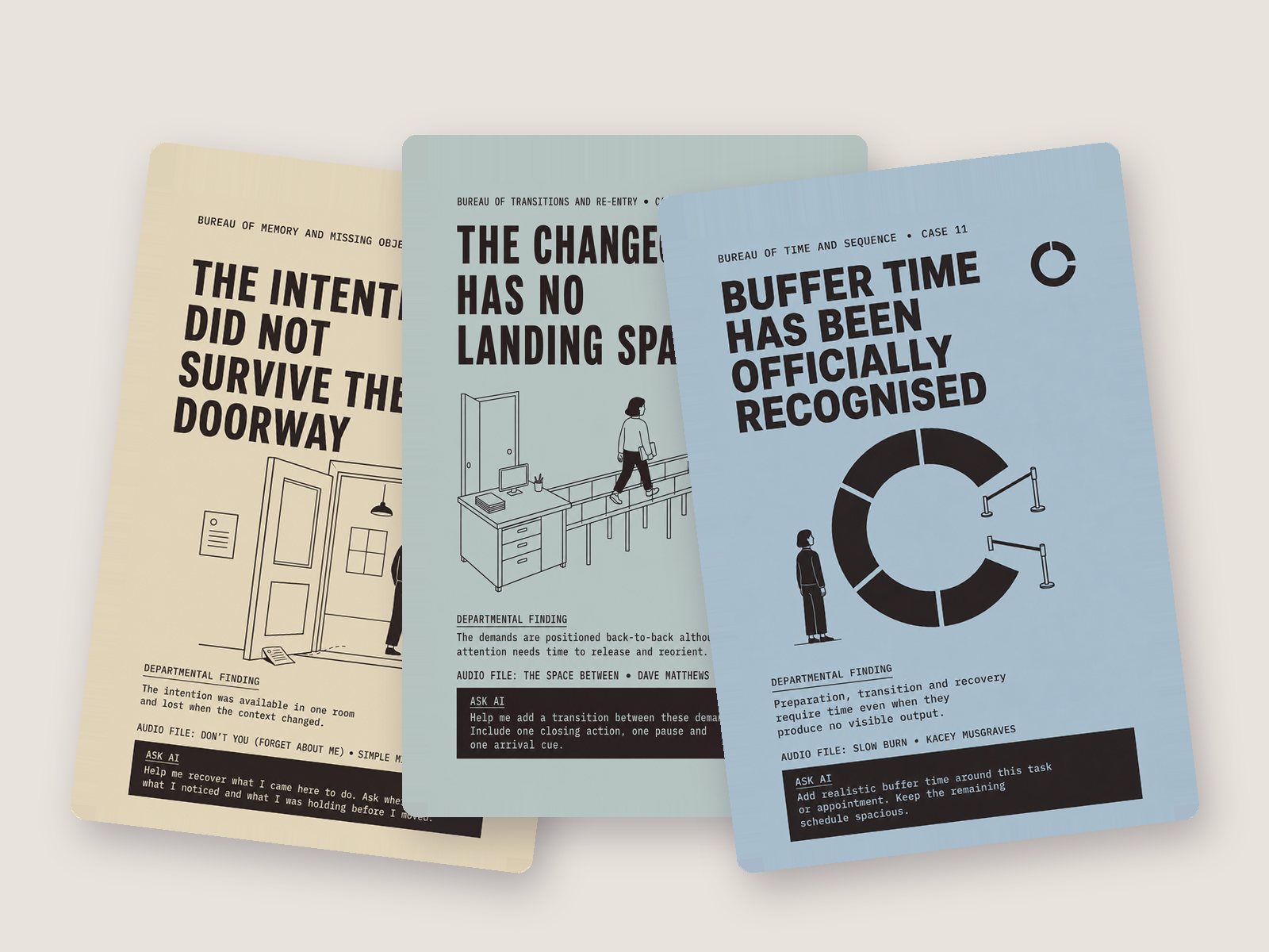 Three case-file cards from Department of Everyday Frictions, fanned out