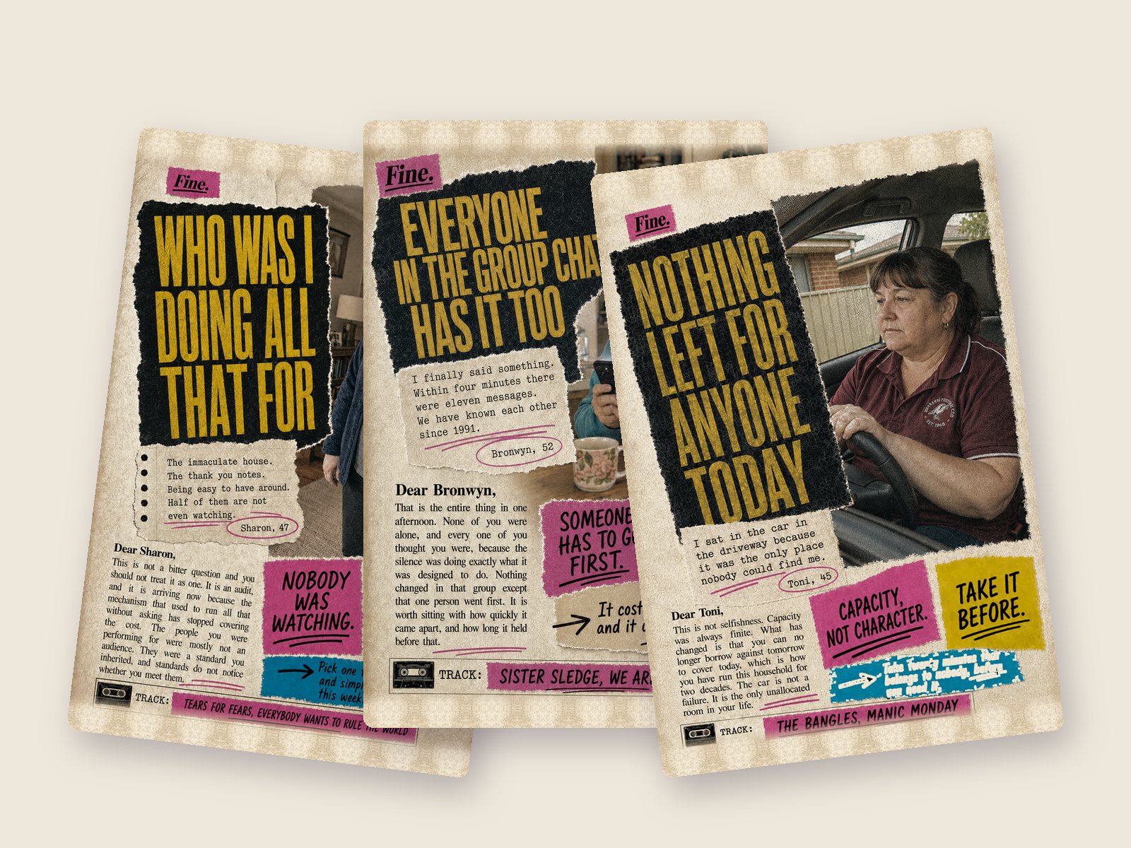 Three cards from Fine., each styled as an eighties magazine advice page with a photograph, a letter and a reply