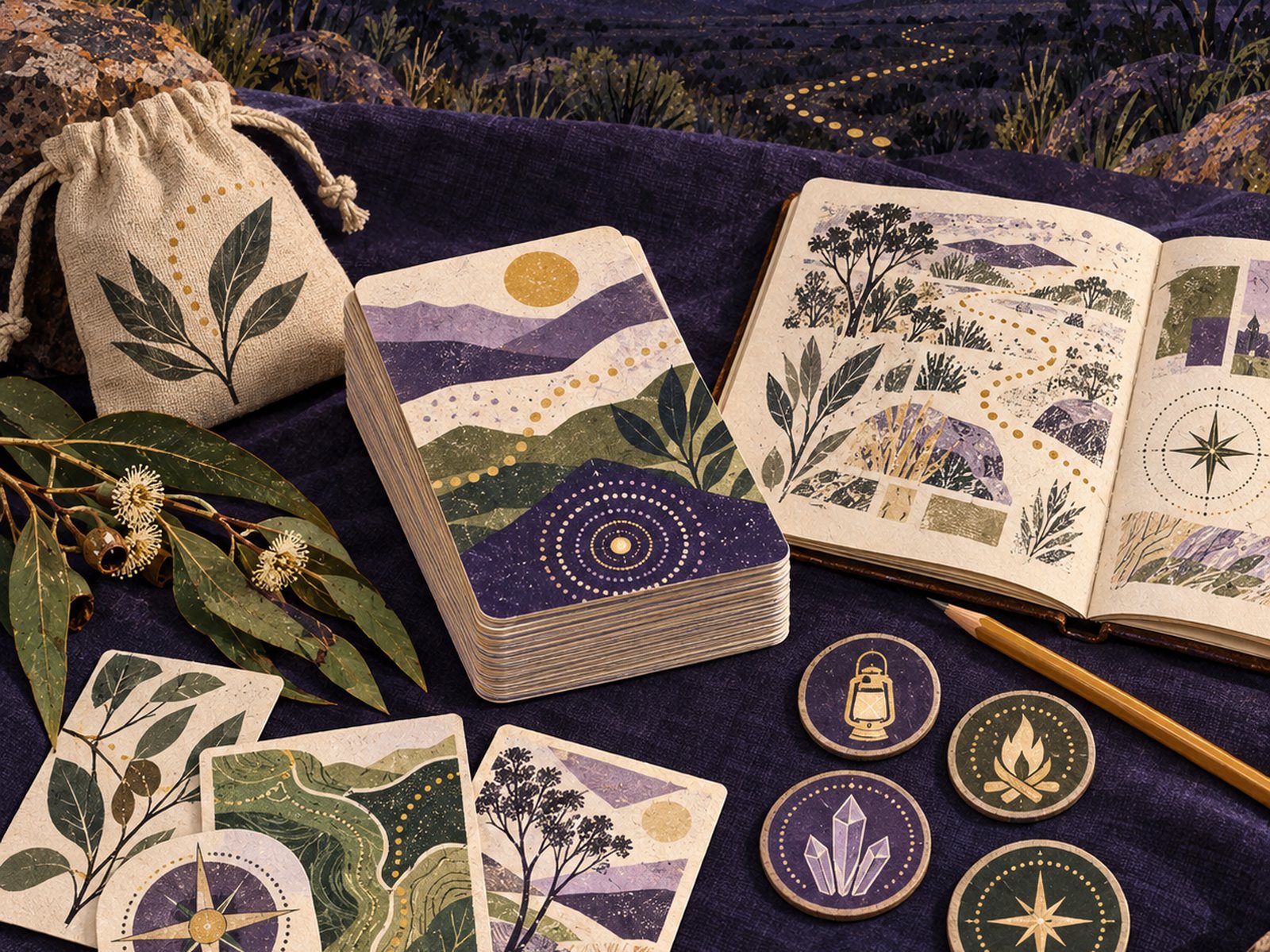 The Sensory Profiling System card deck spread out with its cloth bag and a field journal
