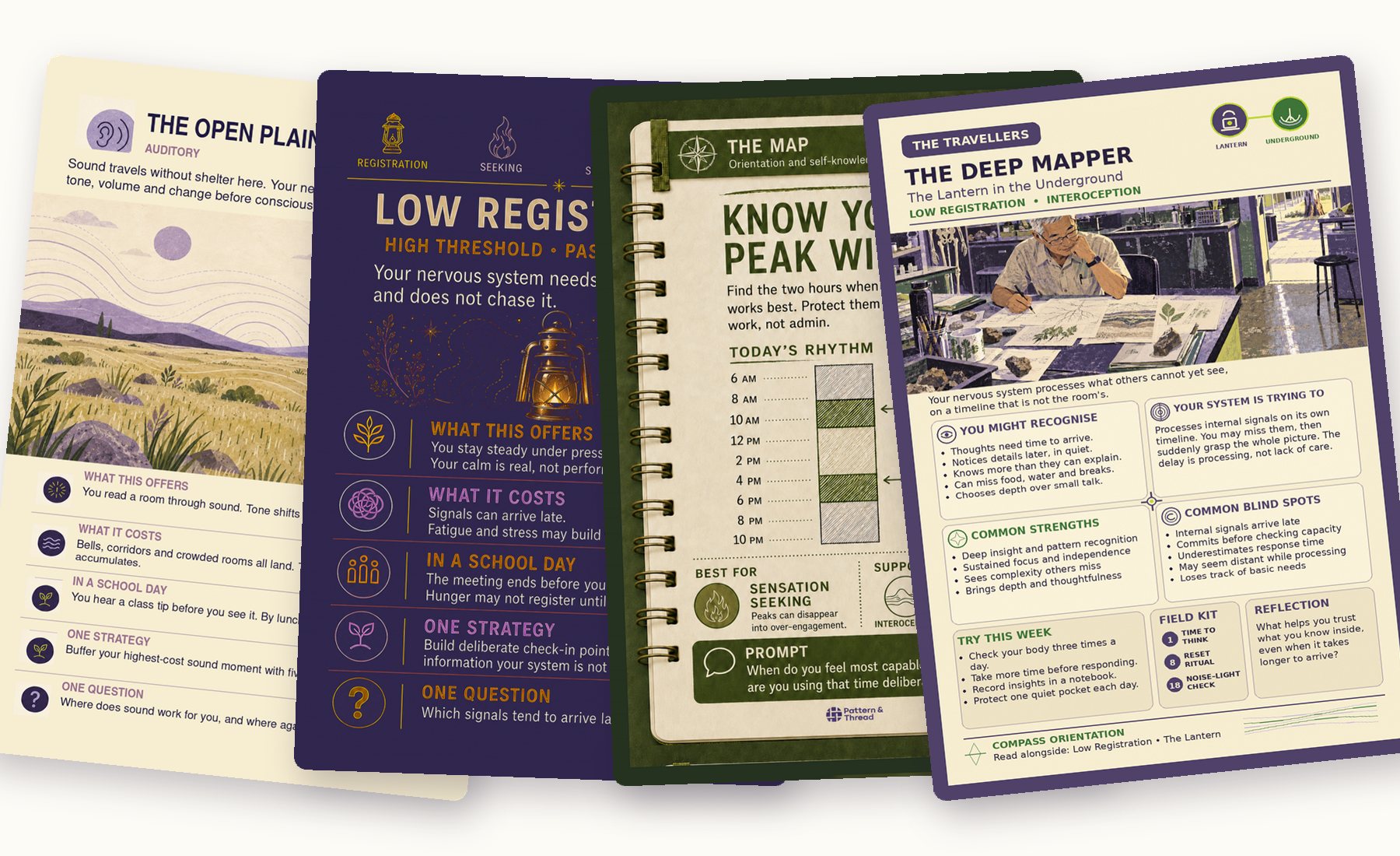 Four cards from the Sensory Profiling System: The Open Plain, Low Registration, Know Your Peak Windows and The Deep Mapper