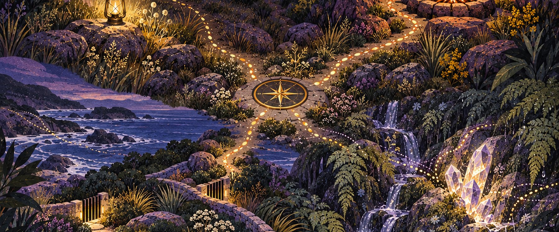 An illustrated night landscape of four connected paths around a compass, lit by a lantern, a fire, a crystal and flowing water