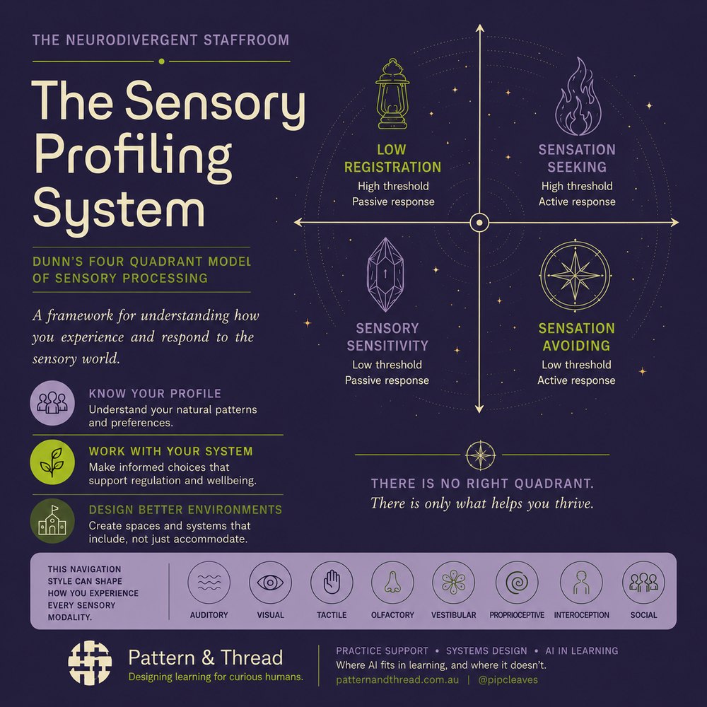 The Sensory Profiling System overview: Dunn's four quadrants of sensory processing, low registration, sensation seeking, sensory sensitivity and sensation avoiding, with the eight sensory modalities. There is no right quadrant.