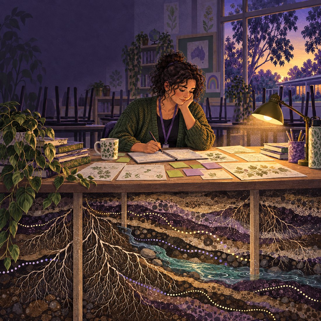 An illustrated teacher at her desk at dusk, with the landscape of the school day running beneath the floor